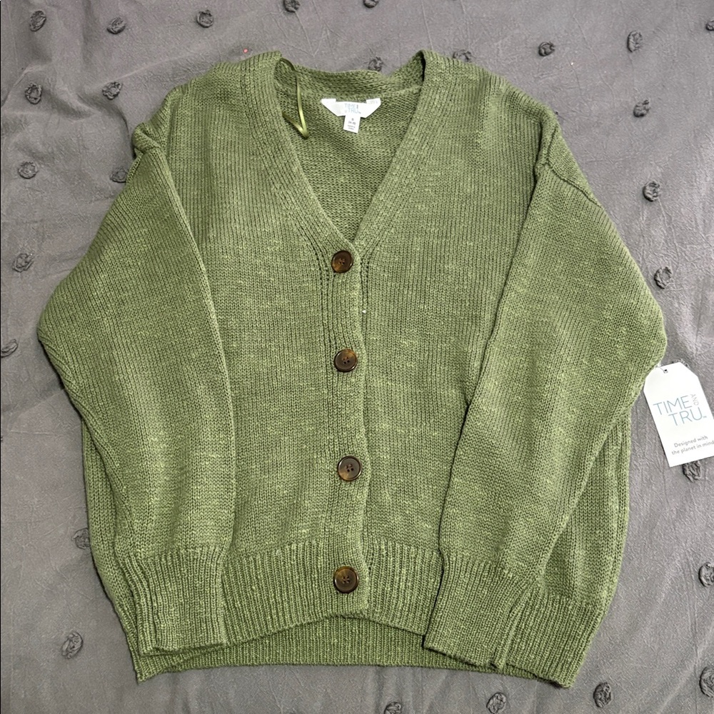 Time and Tru Olive Button-Up Cardigan
